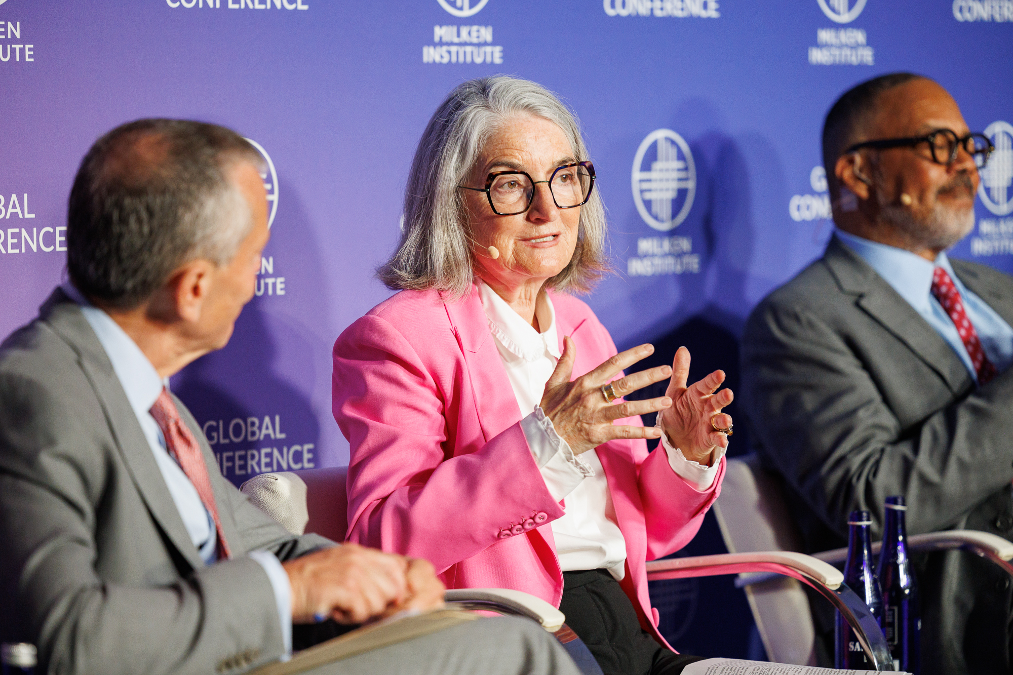 Milken Institute CEO Richard Ditizio (left) in conversation with Ellen Alberding, president and CEO, The Joyce Foundation (center), and Ralph Clark, president and CEO, SoundThinking, Inc. (left) 