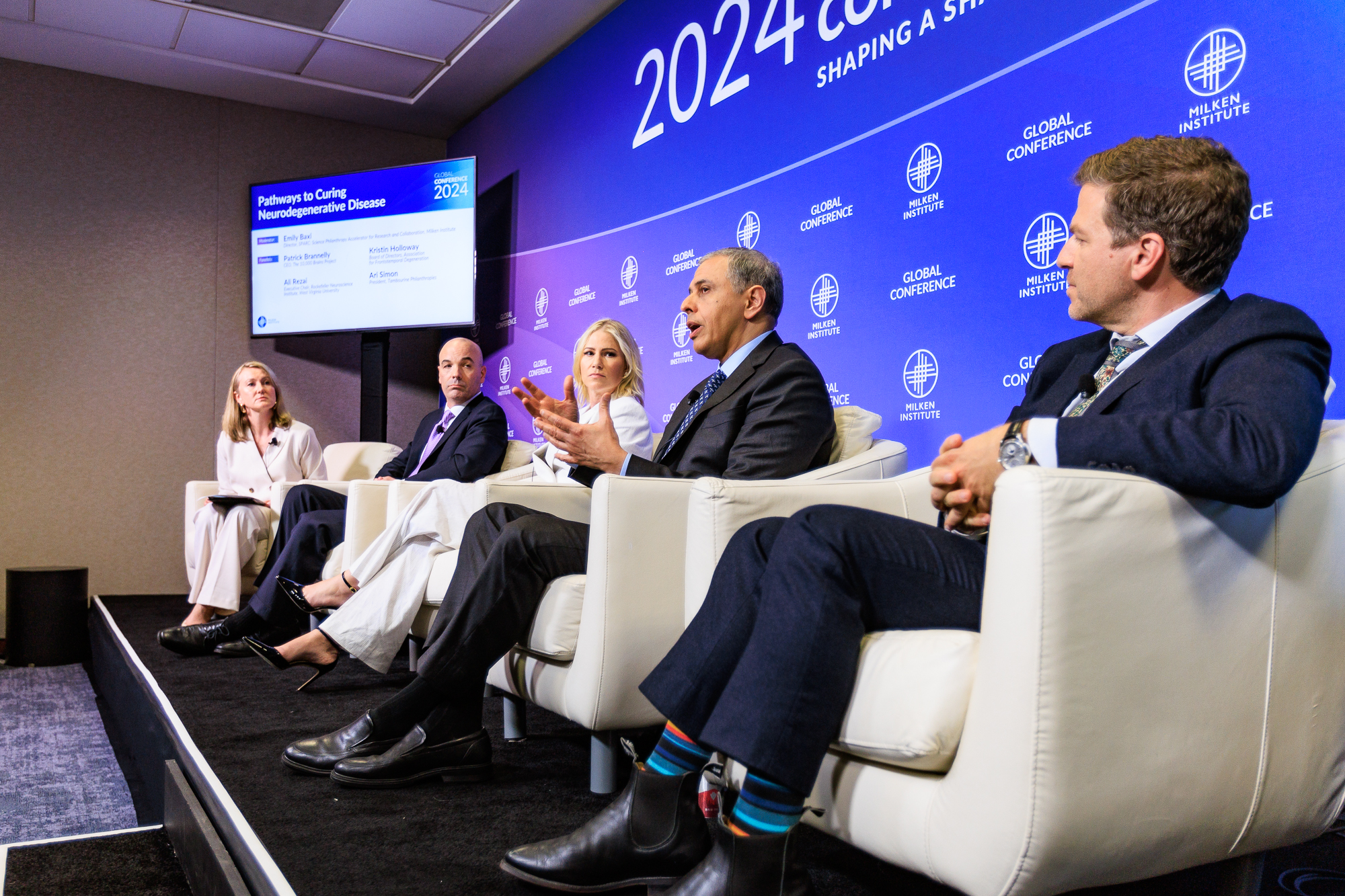 From left, MI Philanthropy’s Emily Baxi, with Patrick Brannelly, CEO, The 10,000 Brains Project, Kristin Holloway, Board of Directors, Association for Frontotemporal Degeneration, Ali Rezai, executive chair, Rockefeller Neuroscience Institute, West Virginia University, and Ari Simon, president, Tambourine Philanthropies 