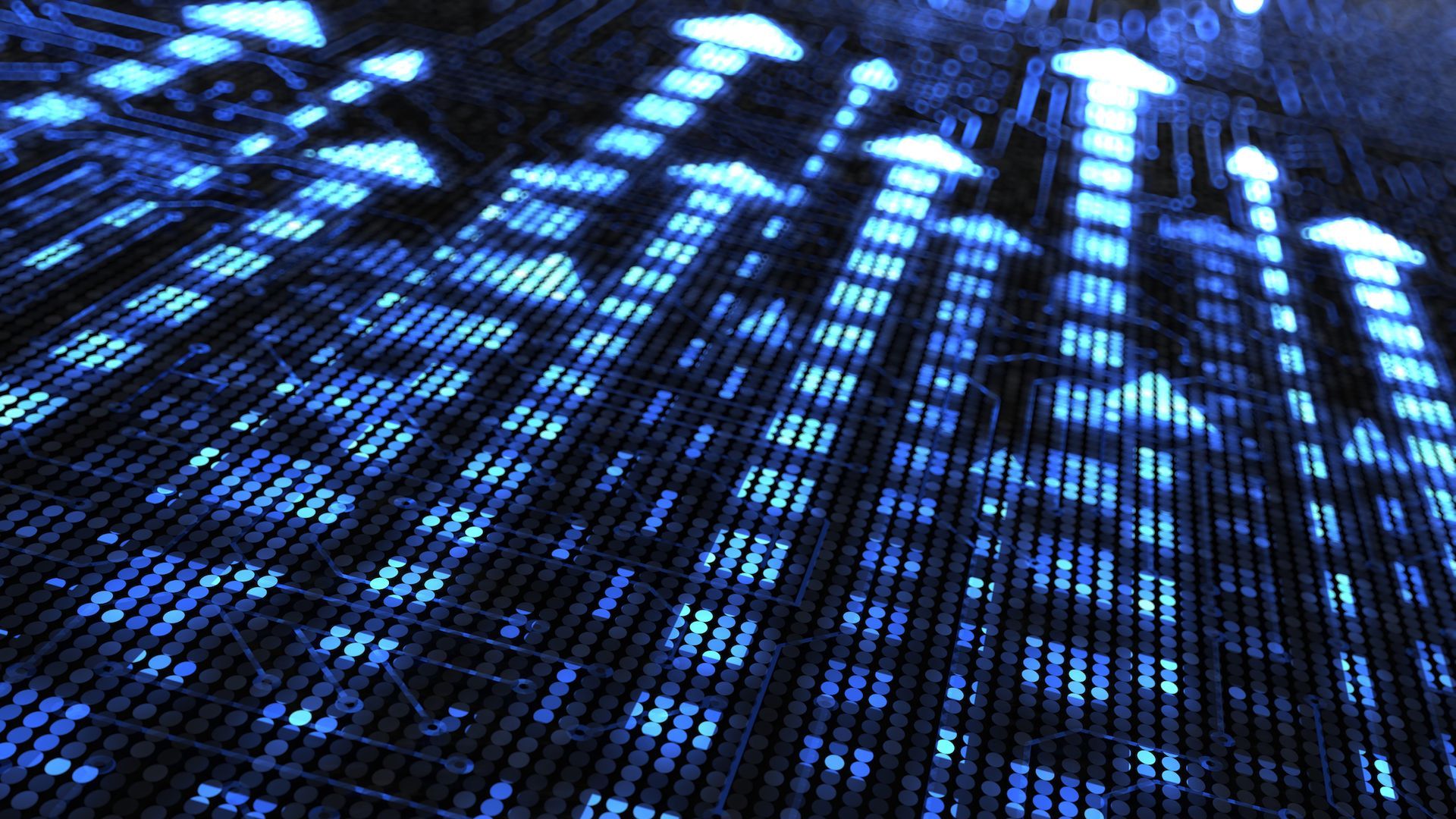 digitized blue arrows pointing upward on a screen