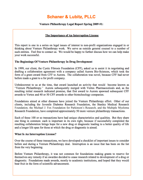 Venture Philanthropy Legal Report: The Importance of An Interruption License